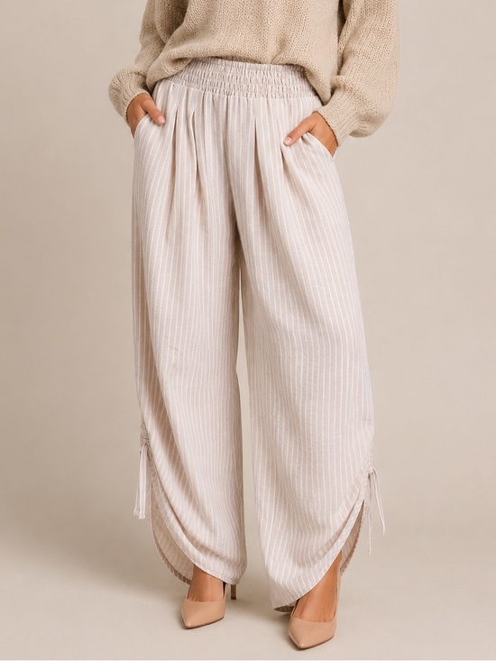 Gigio Pants - GiGio Latte Striped Barrel Pants with Adjustable Ruched Hem
